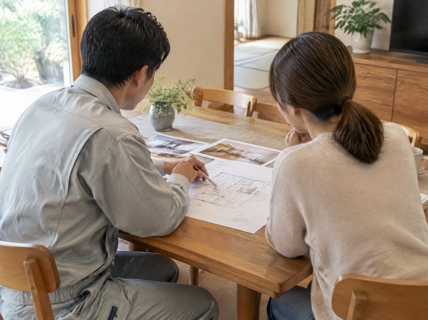 図面を見ながら打ち合わせをする様子
